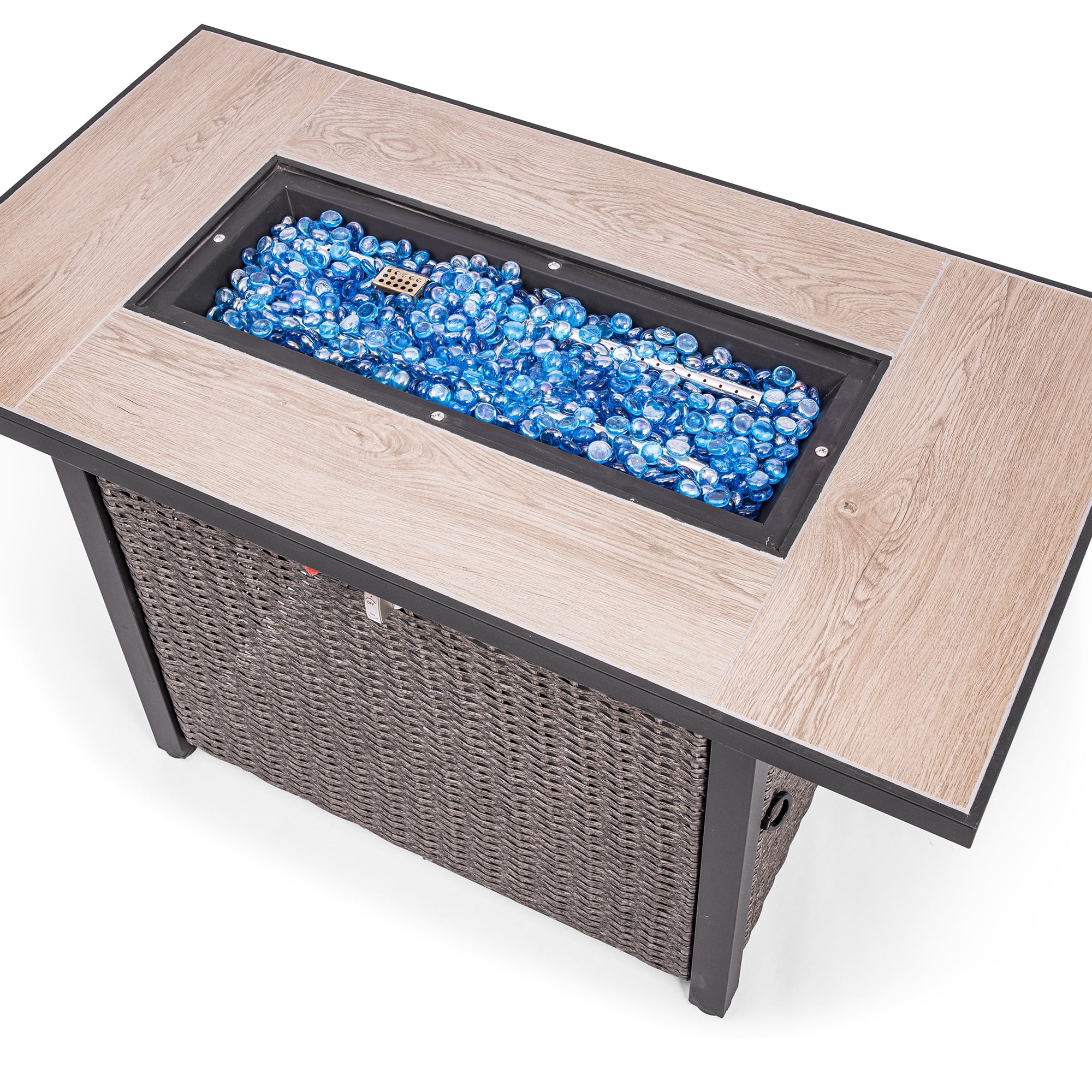 OuterMust 42”Outdoor Propane Fire Pit Table, 50,000 BTU Gas Hand-Woven Rattan Fire Pit with Lid & Blue Glass Bead for Patio Deck Garden