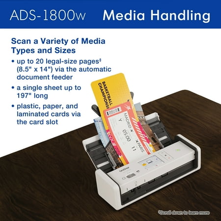 Brother - ADS-1800W Compact Wireless Duplex Desktop Scanner with Single Pass Double-Sided Scanning - White