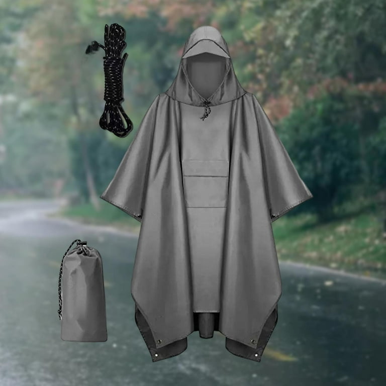 Hooded Rain Poncho Adults Poncho Cloak Reusable Long Sleeve Rain Cover with  Front Pocket Rain Jacket Raincoat for Men Women Fishing Climbing Gray