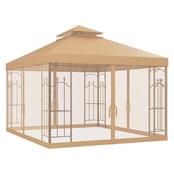 10x12 Patio Gazebo Brown - Double Tier Canopy Outdoor Shelter with Corner Shelves