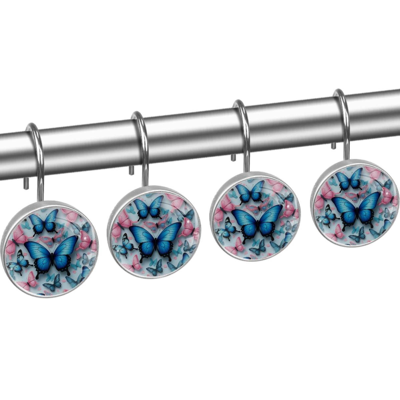 HemaKayy 12 Pcs Shower Curtain Hooks Bathroom Decorative Accessories Blue Pink Cardboard Butterfly