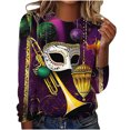 thumbnail image 2 of Cavosen Mardi Gras Flowy Tops for Women Long Sleeve Carnival Shiny Mask Graphic Print Tops Round Neck Party Holiday Blouse Casual Stylish Festival Shirts Dressy Party Funny Tees Purple M, 2 of 4