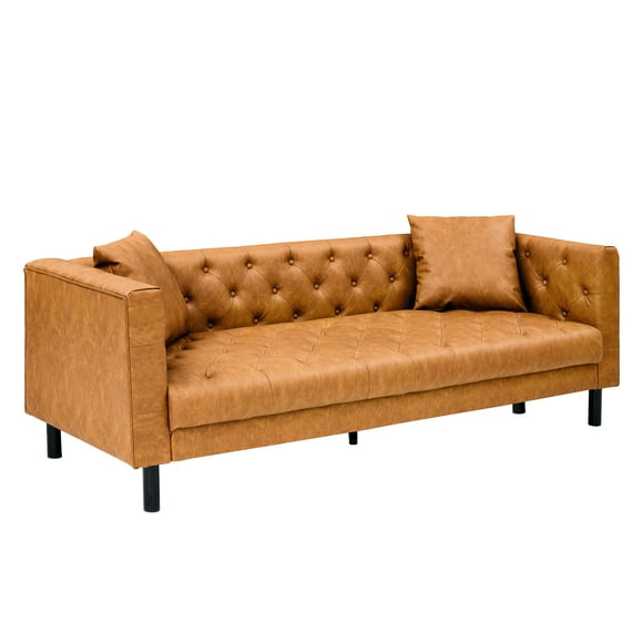 81" Chesterfield Sofa – Orange PU Mid-Century Modern Faux Leather 3-Seater Couch – Deep Seat with Button Tufting – Includes 2 Cushions – Upholstered Comfort – Living Room, Apartment, Office