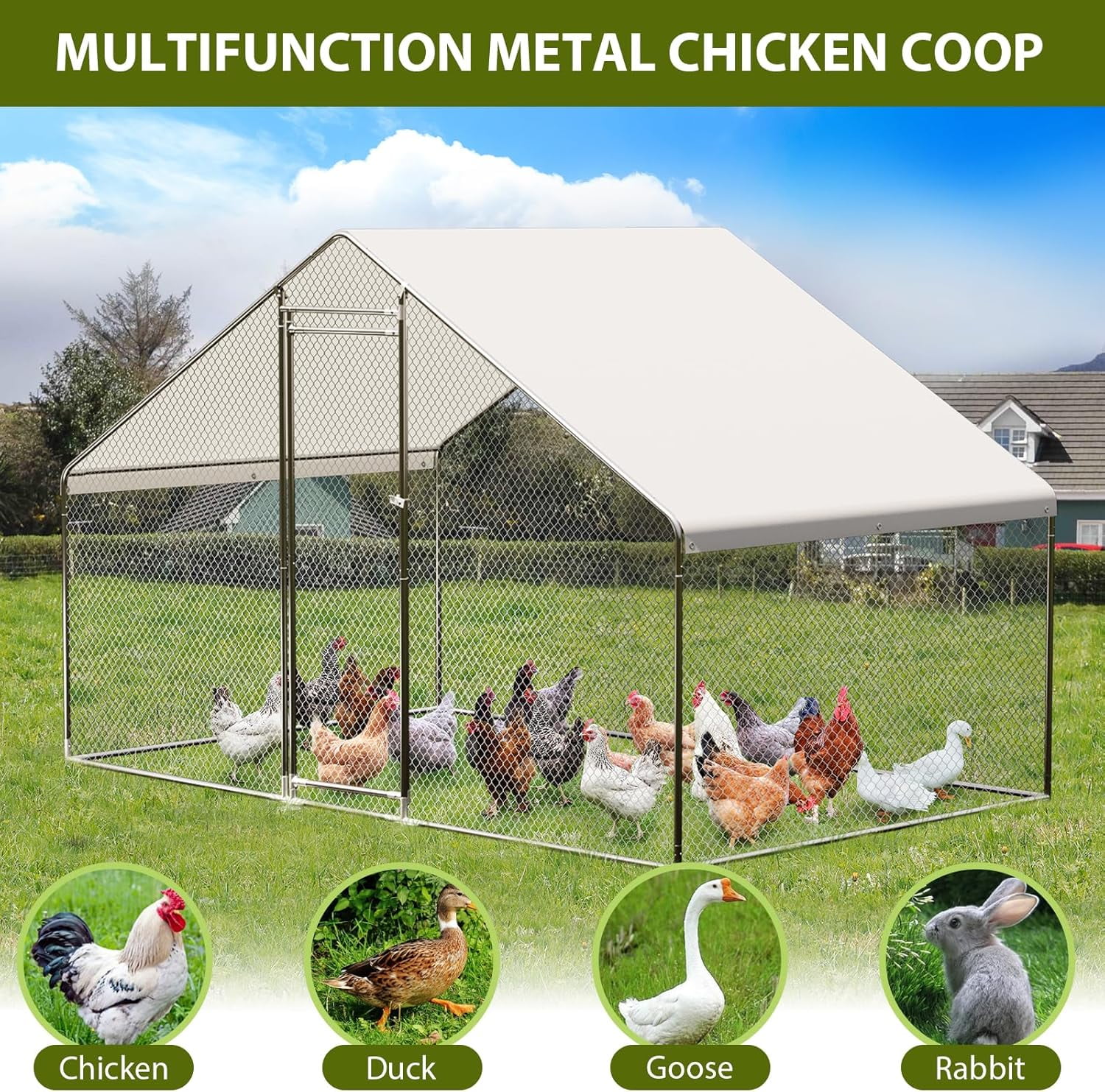 Rugerasy 9.8x6.5x6.5FT Large Metal Chicken Coop,Walk-in Poultry Cage with Run,Waterproof Anti-Ultraviolet Cover & Security Lock,Spire/Steep-Pitched Roof for 10 Chickens,Silver