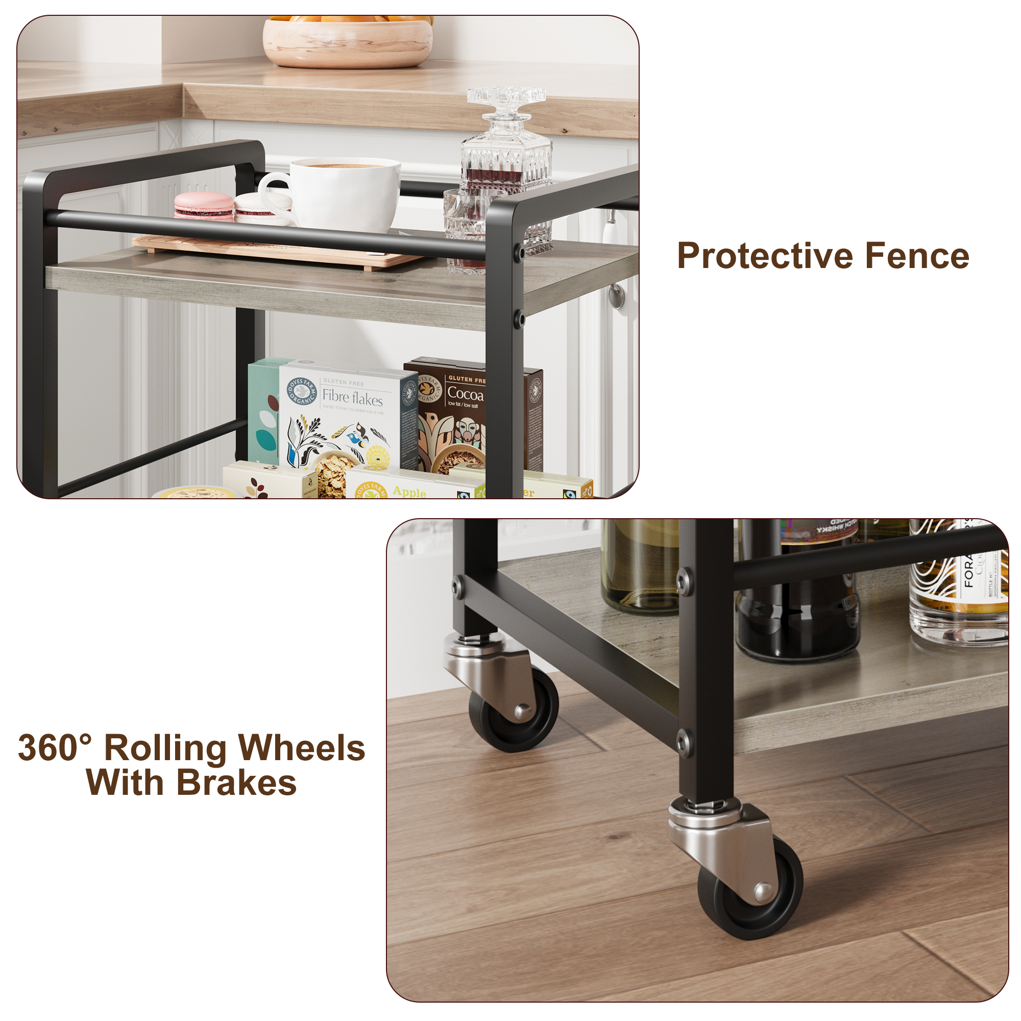 3 Tier Bar Cart for Home Mini Bar Carts for the Home with Wheels Liquor Cart Coffee Bar Cabinet Utility Kitchen Storage Island Serving Cart Grey