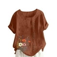 thumbnail image 2 of QUNYINEY Crew Neck Tops for Women Casual Floral Short Sleeve Shirts Loose Linen Pullover Button Tops, 2 of 4