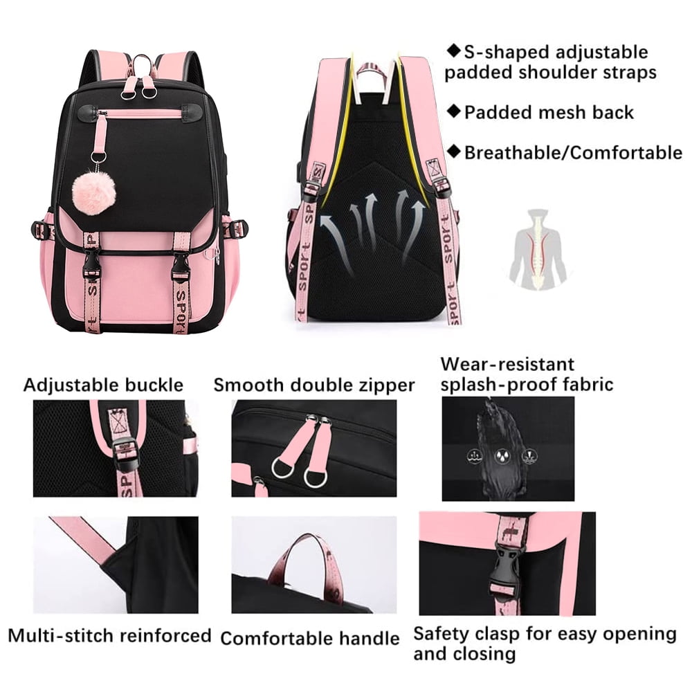 SANMADROLA School Backpack Girls Bookbag, Heavy Duty Kids Backpack 21L Children Schoolbag Bookbag with USB Charge Port
