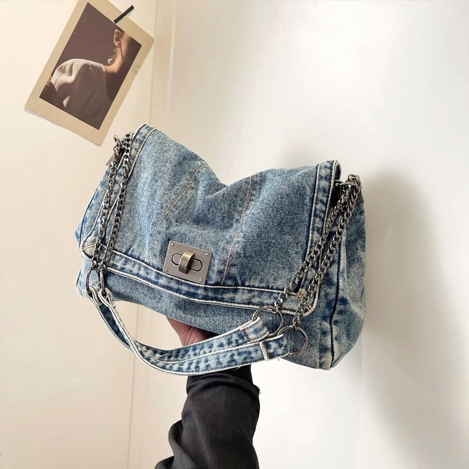 2026 Women's Casual Retro Denim Tote Bag, Lightweight Quilted Crossbody Purse with Chain Strap