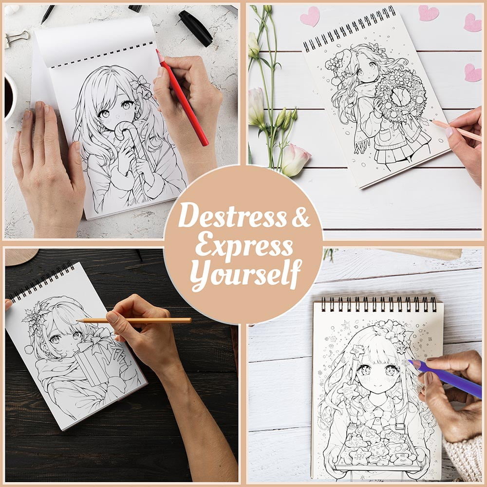 Netecom Kawaii Girls Christmas Coloring Book Spiral Bound for Adults, A5 Wooden Cover, 30 Whimsical Coloring Pages of Anime Girls Enjoying the Christmas Holiday for Stress Relief and Relaxation