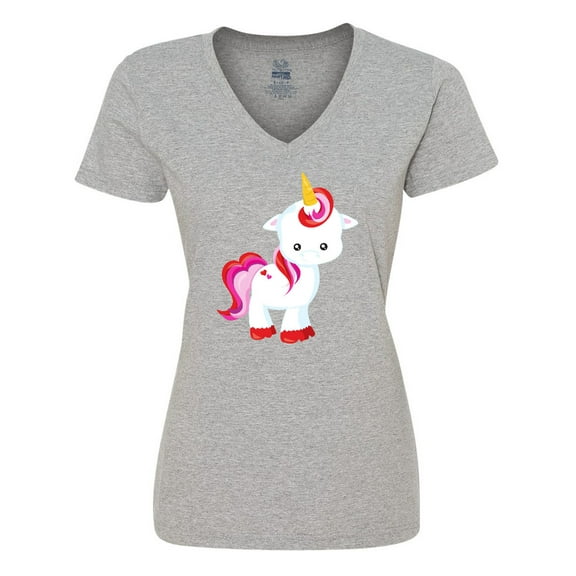 Inktastic Cute Little Unicorn With Red And Pink Mane, Hearts Women's V-Neck T-Shirt