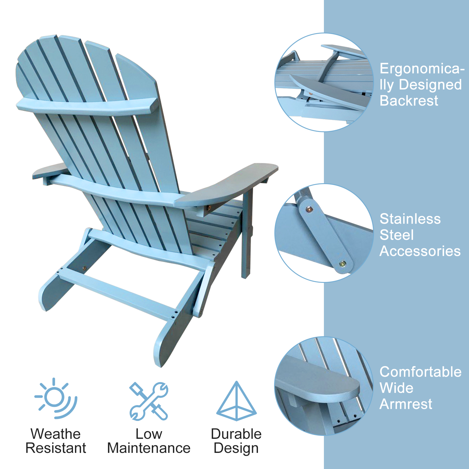 Adirondack Chair Outdoor Folding Wooden Adirondack Lounger Chair Patio Chair Lawn Chair for Adults, Turquoise, Blue - image 4 of 7