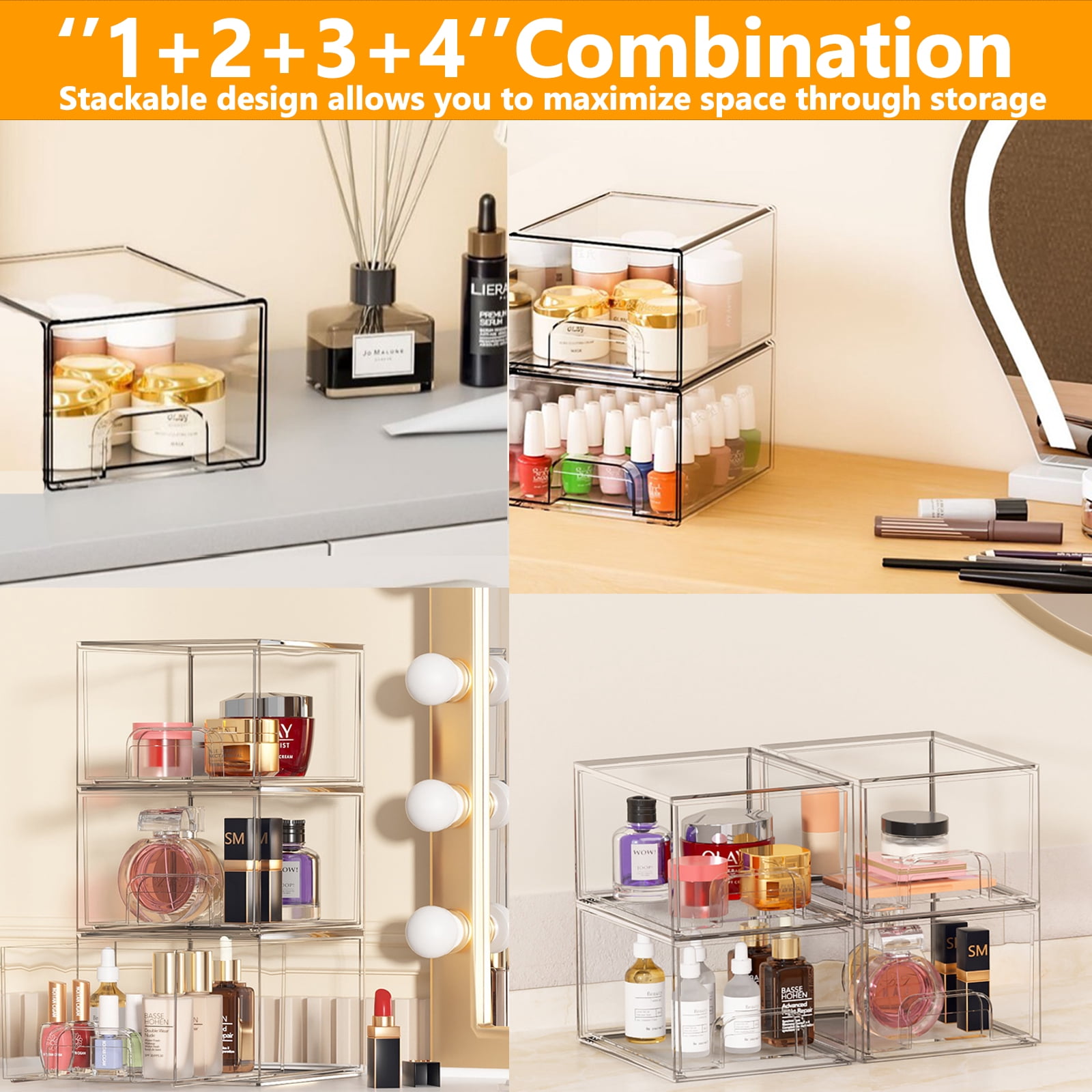 Kisportee 4 Pack Stackable Makeup Storage Drawers, 4.4'' Tall Clear Bathroom Makeup Cosmetics Organizer, Plastic Storage Bins for Vanity, Undersink, Kitchen Organization