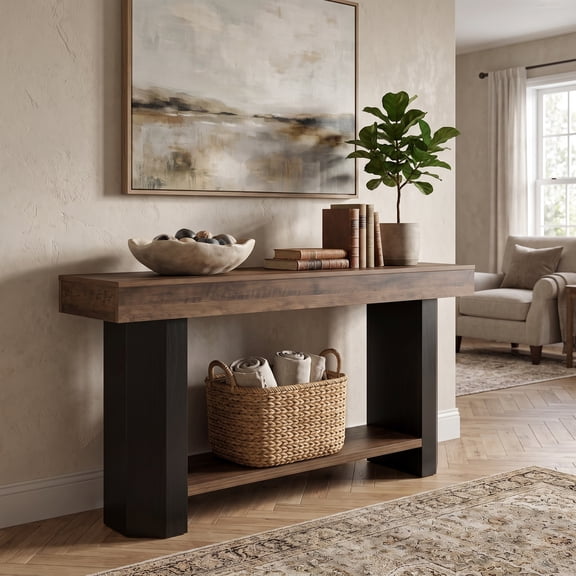 Fnova 63 Inch Console Table, Sofa Table, Block Style Legs, Lower Open Storage Shelf, Accent Table for Entryway, Hallway, Living Room, Foyer