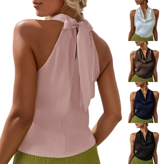 SEMPAI Womens Elegant Satin Tie Back Cowl Neck Sleeveless Silk Backless Tank Top