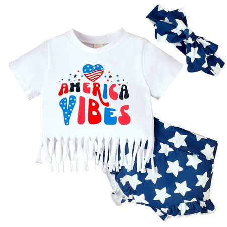

TAIAOJING Baby Girl Summer Clothes Toddler Short Sleeve Independence Day 4 Of July Tassels T Shirt Tops Shorts Headbands Outfit 12-18 Months