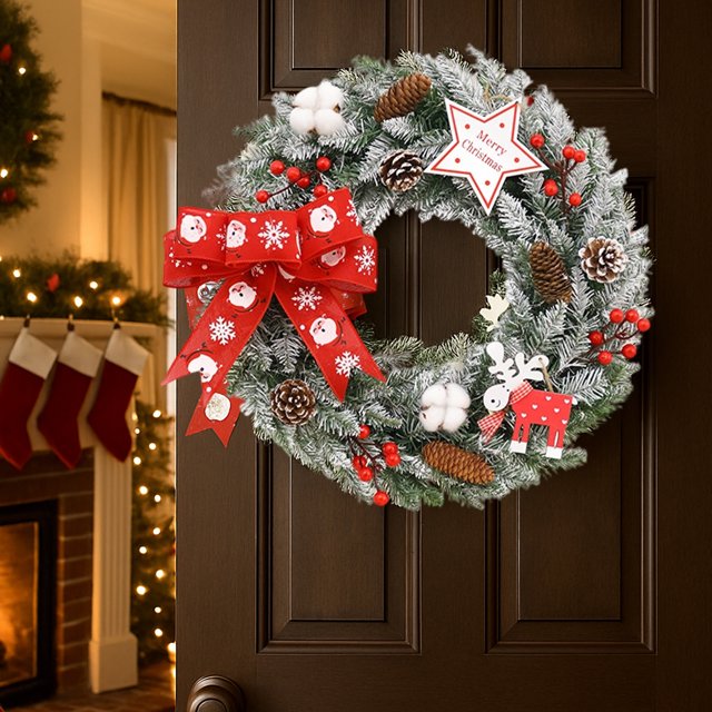 Corona navideña artificial de 40 cm con piñas y frutos rojos | Lazo navideño | Decoración navideña para interiores y exteriores