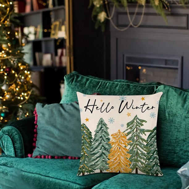 Funda De Cojín Con Estampado De Árbol De Navidad Verde, Festiva Y Decorativa, De Lino, Para Salón Y Dormitorio.