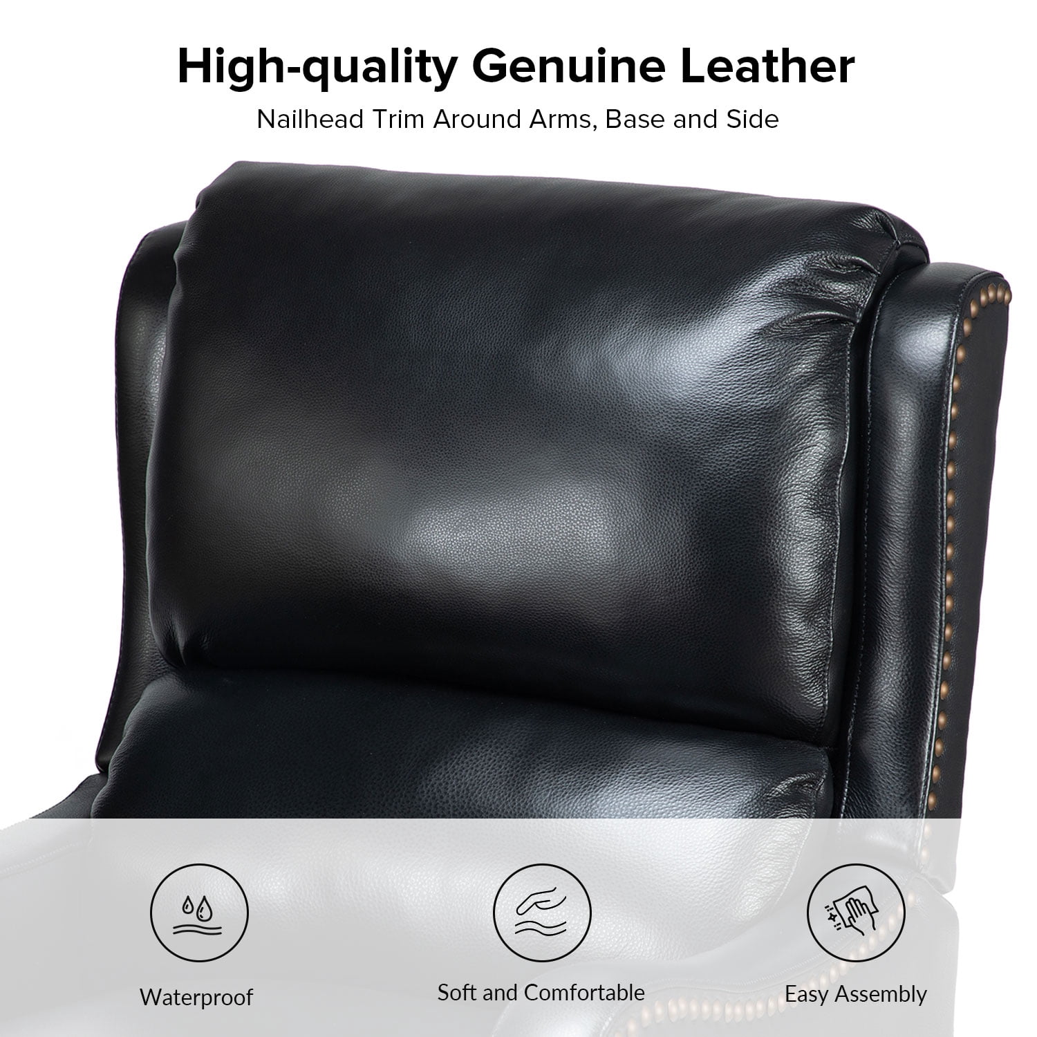 Genuine Leather Recliner Chair Push Back Wingback Set of 2 with Nailhead Trim for Living Room Bedroom Black