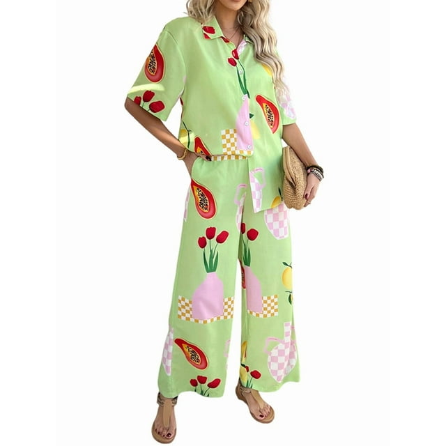Conjunto de 2 Piezas de Chándal de Verano para Playa con Camisa de Corta y Botones para Mujer, Top Estampado, Pantalones Cortos de Descanso Flores de Frutas L