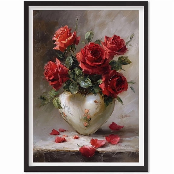 Red Roses Art Print | Valentines Day Wall Art | Vintage Romantic Decor | Heart, Matte Canvas Stretched, Posters for Room Bedroom Living Room Bathroom Wall Decor, Posters & Art Prints, Gift.