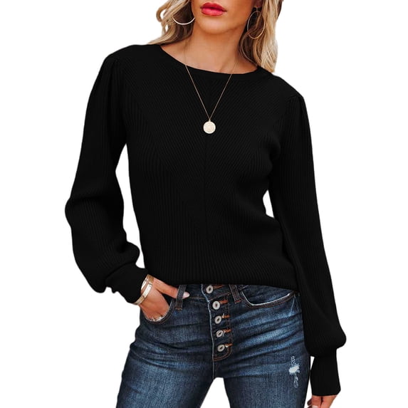 HOTAPEI Womens Crewneck Pullover Sweaters Ribbed Knit Long Sleeve Sweater Lantern Sleeve Slim Fit Pullover Jumper Tops