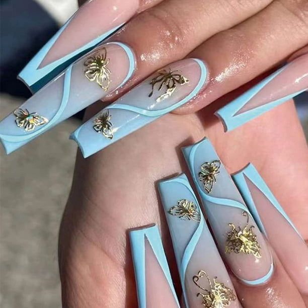 Long Press on Nails Coffin Blue French Tip Fake Nails 24Pcs Gold Butterfly  Stick on Nails V Shaped Acrylic Glossy Ballerina False Nail with Stripes  Design Artificial Finger Nail for Women -