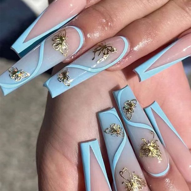 Long Press on Nails Coffin Blue French Tip Fake Nails 24Pcs Gold Butterfly Stick on Nails V Shaped Acrylic Glossy Ballerina False Nail with Stripes Design Artificial Finger Nail for Women - Long Press on Nails Coffin Blue French Tip Fake Nails 24Pcs Gold Butterfly Stick on Nails V Shaped Acrylic Glossy Ballerina False Nail with Stripes Design Artificial Finger Nail for Women -