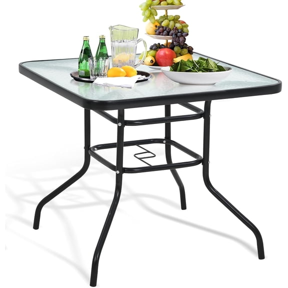 Dkelincs 32" Patio Table Square Bistro Table with Umbrella Hole Tempered Glass Outdoor Dining Table All-Weather Furniture for Outside, Garden, Indoor
