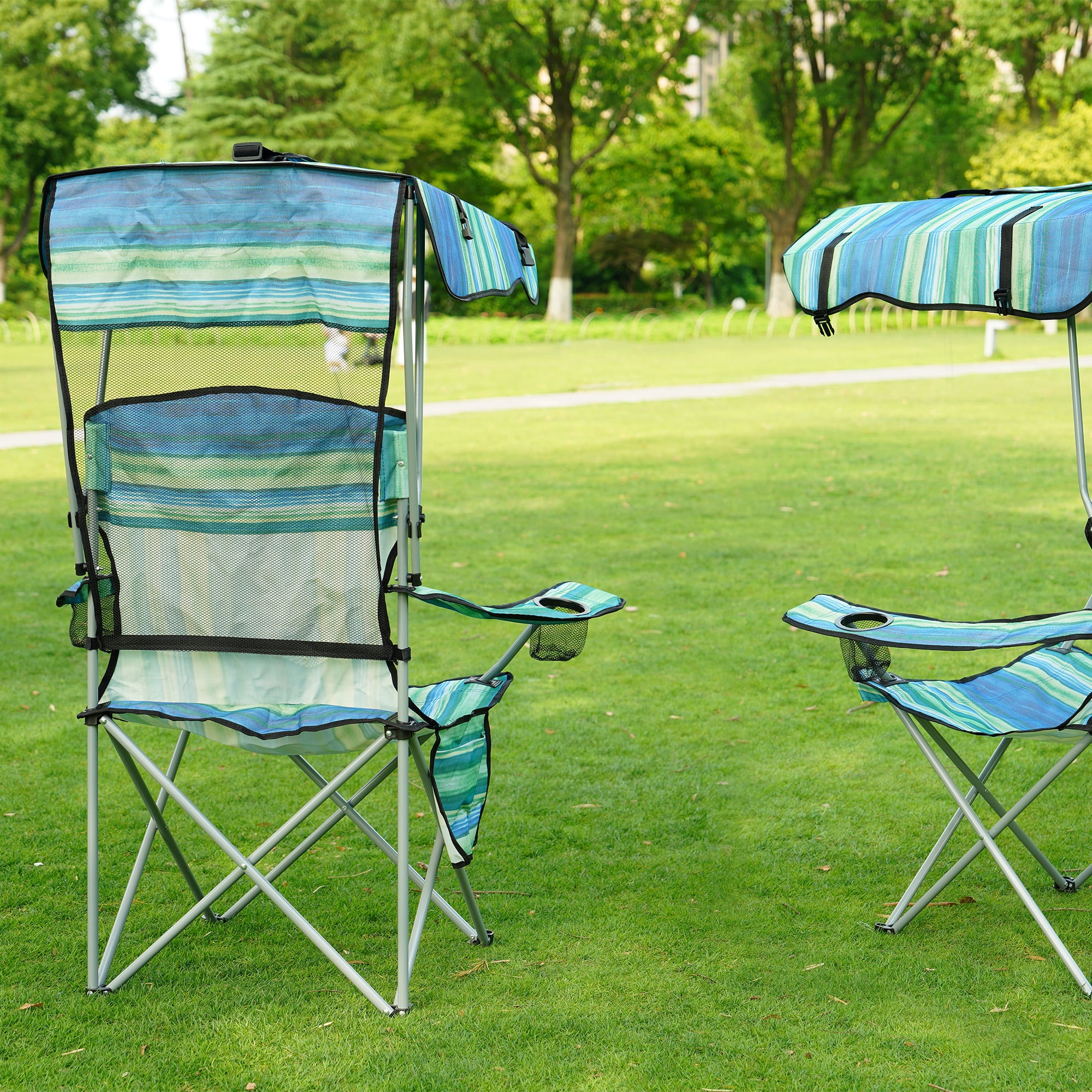 FlexWave Folding Camp Chair，Portable Outdoor Chair，with Shade & Cup Holder，for Camping, Beach, Fishing, and Sports Events