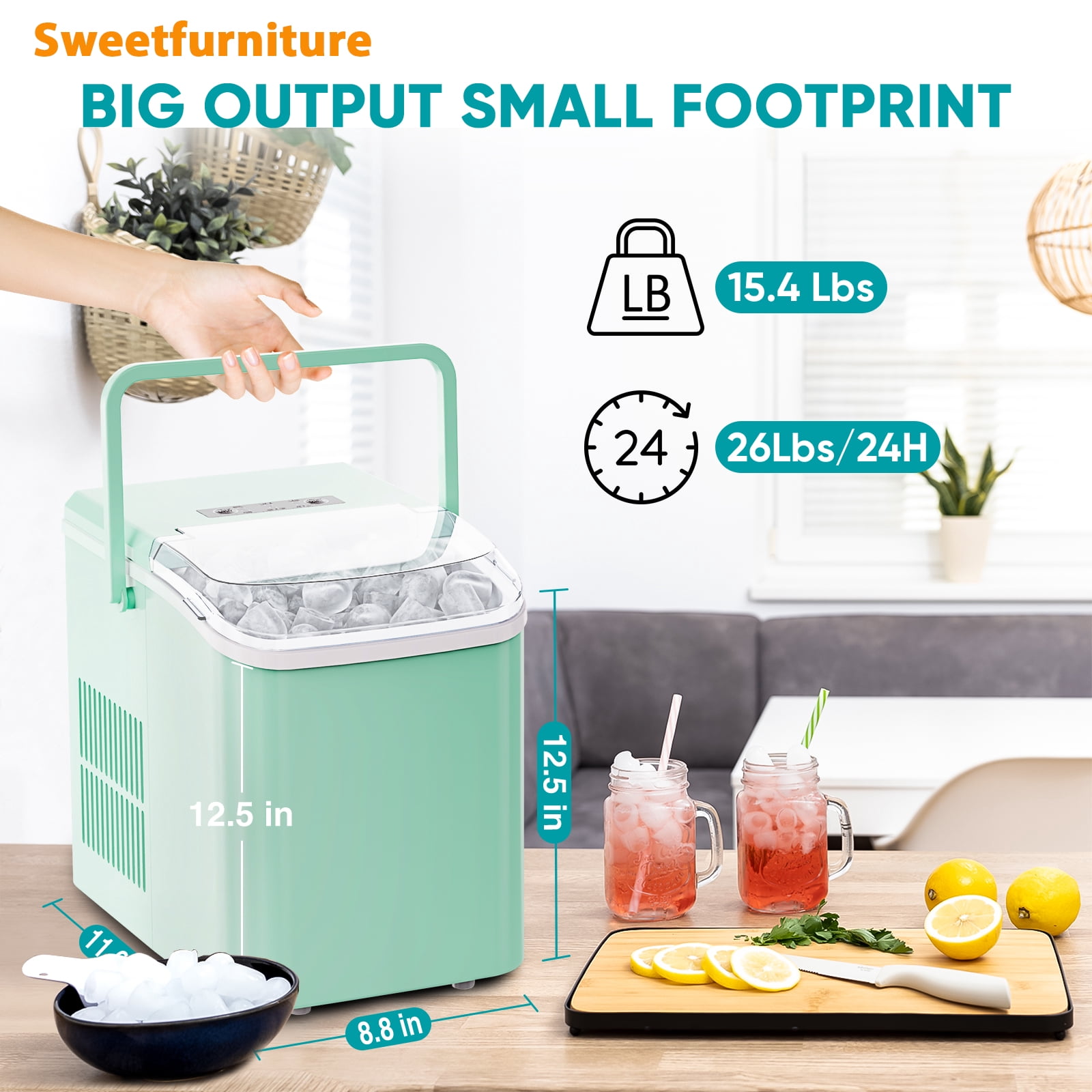 Sweetfurniture Countertop Ice Maker, Portable Ice Maker Machine with Handle and Ice Scoop, Green