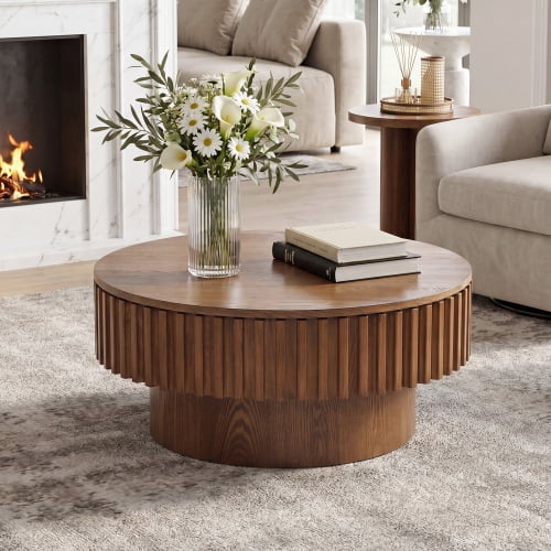 DRNANLIT 31.5" Round Fluted Drum Coffee Table, Walnut Solid Wood with Removable Lid Hidden Storage, Farmhouse Center Table