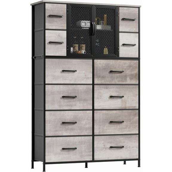 56.7' Tall Dresser, Dresser Chests of Drawers with 12 Storage Drawers,Fabric Dressing Table with Wood Top and Metal Frame for Closets, Living Room, Entryway, Room,Hallway (Oak Grey)