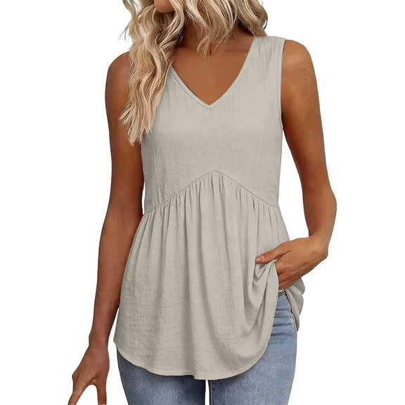 Long Tank Tops for Women Linen V Neck Pleated Sleeveless Strap Tops Summer Tops