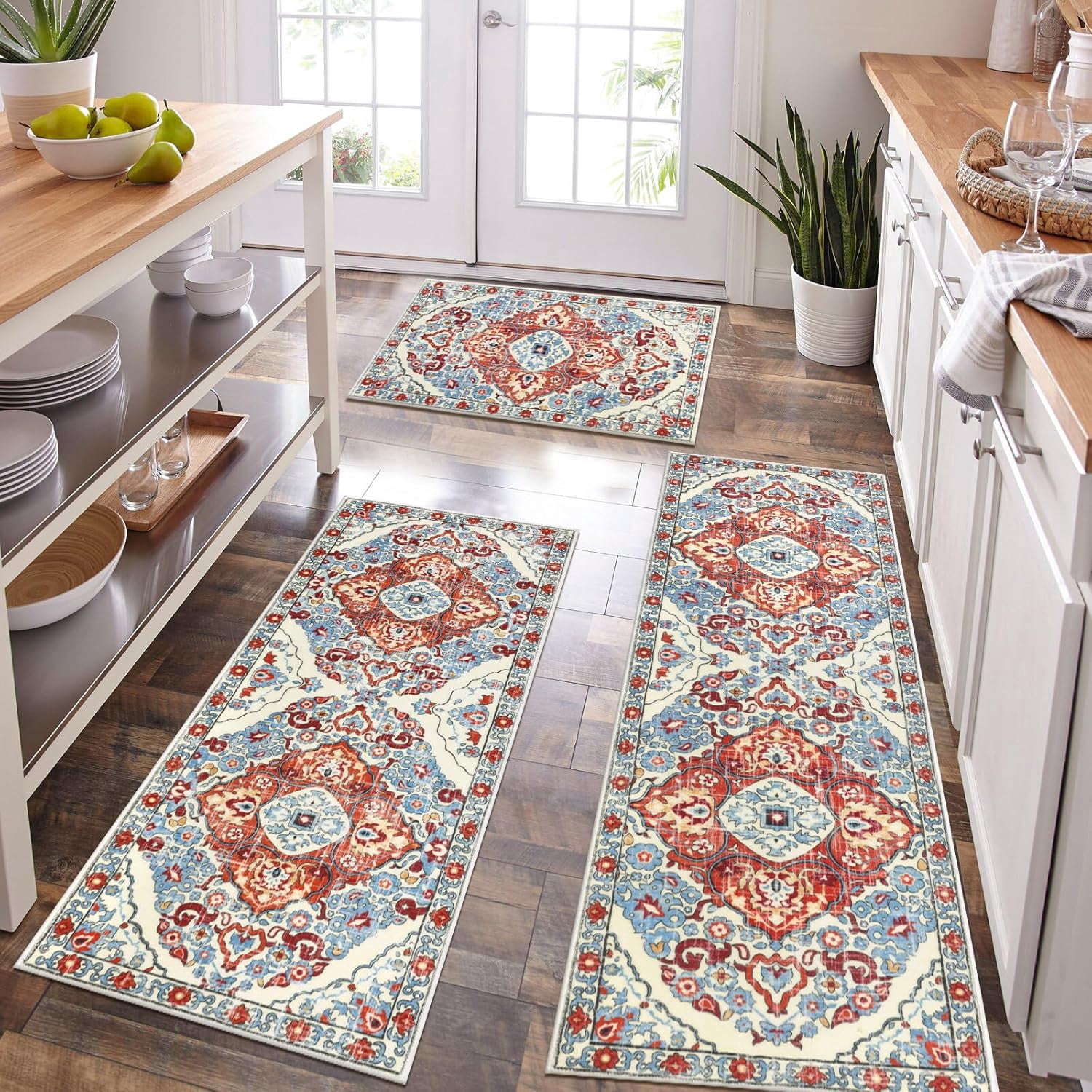 Farmhouse Kitchen Rugs Sets of 3 Non Slip Washable Kitchen Rugs and Mats Boho Kitchen Mats for Floor Kitchen Runner Rug Kitchen Carpet Rug Runner for Hallways Kitchen Laundry
