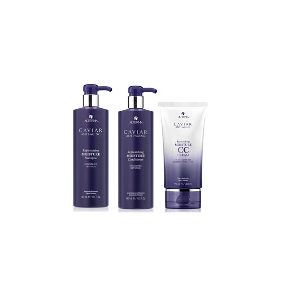 Alterna Caviar Anti-Aging Replenishing Moisture Shampoo 16.5 Oz , Conditioner 16.5 Oz, CC Cream 3.4 Oz Regimen Jumbo Set | Protects, Restores & Hydrates | Sulfate Free