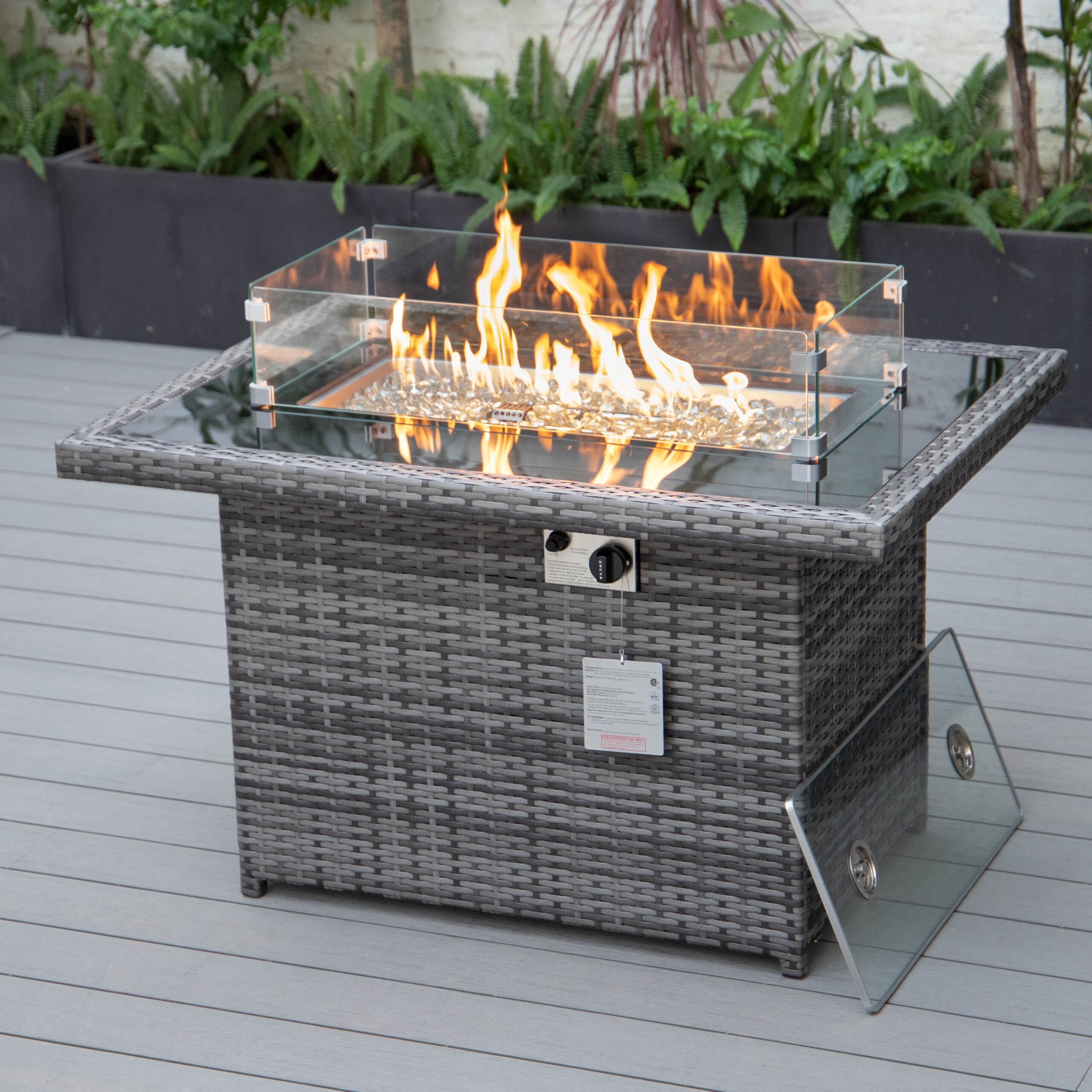 LeisureMod Wicker 55,000 BTU Fire Pit Table with Removable Lid and Tempered Glass Shield Propane Tank Storage for Modern Home, Patio, Backyard Garden Mace Collection in Grey