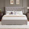 thumbnail image 3 of Towallmark King Size Bed Frame with 2 Storage Drawers, Vintage Velvet Upholstered Bedframe with Wooden Slat Support and Button Tufted Wingback Headboard, No Box Spring Needed, Noise Free,Beige, 3 of 7