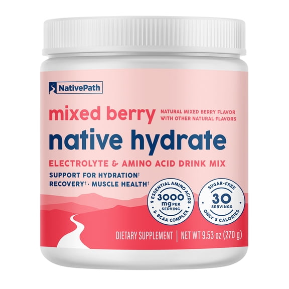 NativePath Hydrate Electrolyte Powder Mixed Berry, Zero Sugar, BCAAs, Keto, 30 Servings