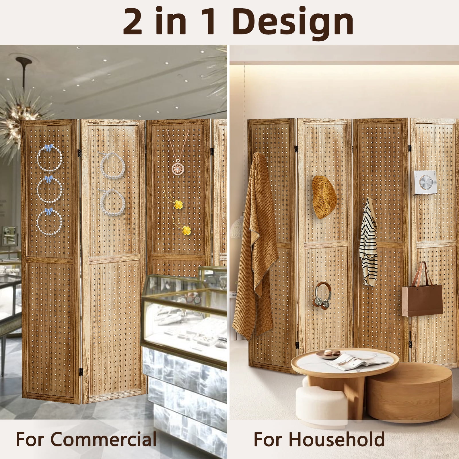 Aletheiawu 6 Panel Display with 24 Hooks, Wood Room Divider Wall, No Installation, Light Brown