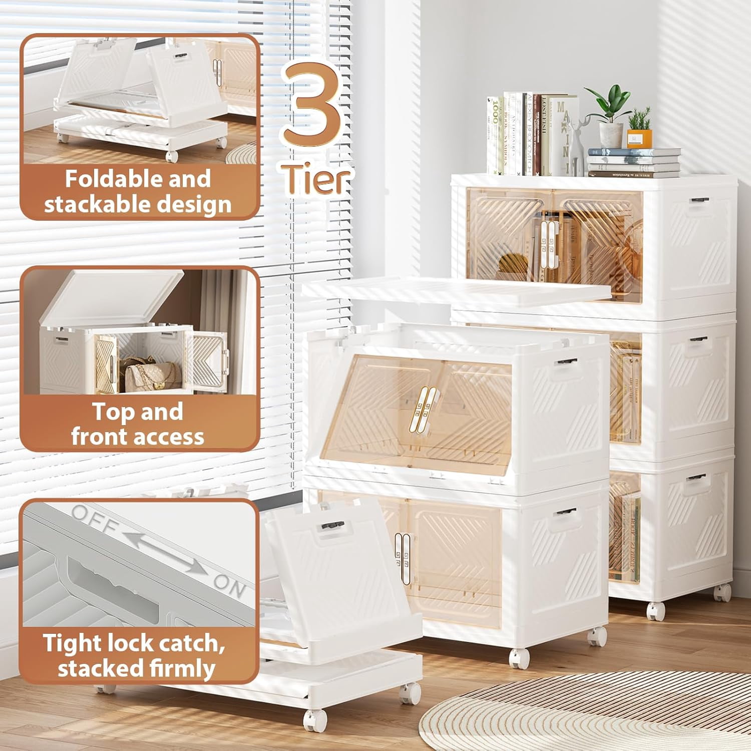 Storage Bins with Lid 3 Pack 76QT, Stackable Storage Containers with Wheels and Magnetic Doors, Plastic Clothes Closet Organizers and Storage Box for Home and Office