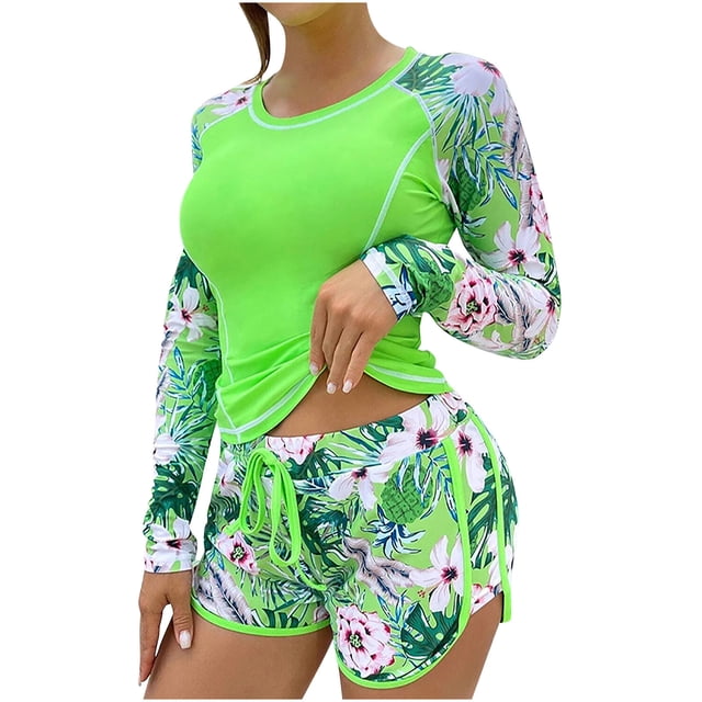 Augper Women's Fashion Long Sleeve Printing Patchwork Bikini Set Swimsuit Two Piece Sling Swimwear Beachwear