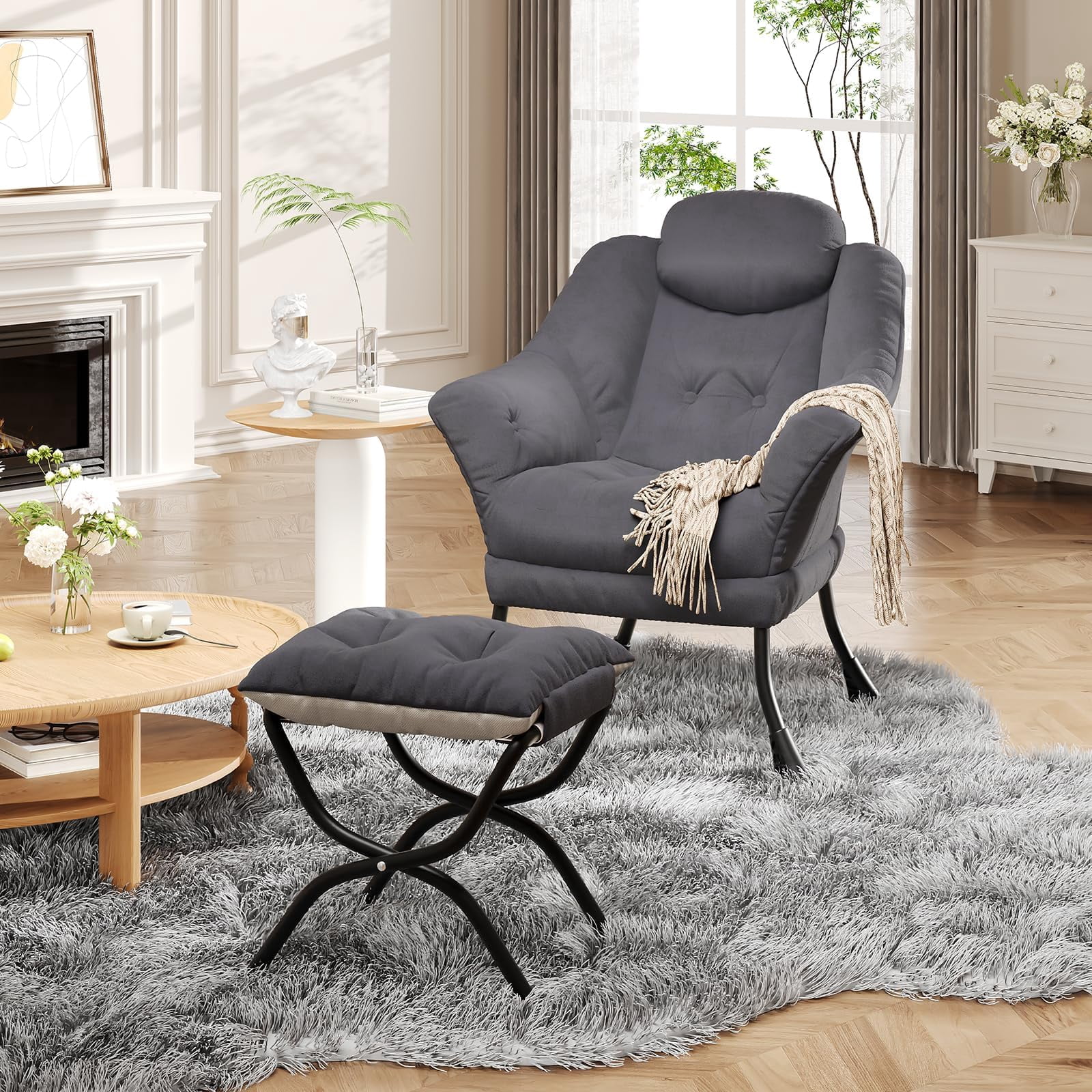 Sillón Moderno con Otomana y Reposabrazos - Silla Ergonómica de Lectura y Lounge para Sala o Dormitorio - Asiento Cómodo de Terciopelo para Espacios Pequeños - Funda Removible y Lavable