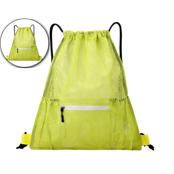 Dvruxg Mesh Drawstring Backpack Bag, Gym Sports Bag with Zipper Pocket Bottle Holder, String Beach Bag for Swiming Travel(Yellow)