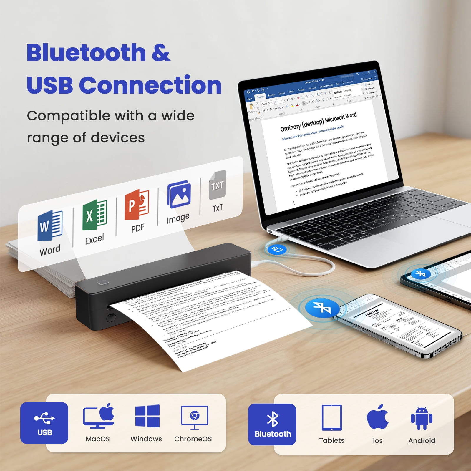 Thermal Printer for Travel, Supports US Letter, A4, A5, B5 Thermal Paper, Portable Wireless Inkless Phone Printer for Home Office, Compatible with Android iOS Phone & Laptop, Black