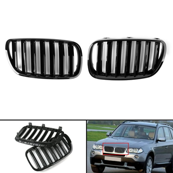 1Pair Gloss Black Front Bumper Grille For BMW E83 X3 LCI Facelift 2007-2010