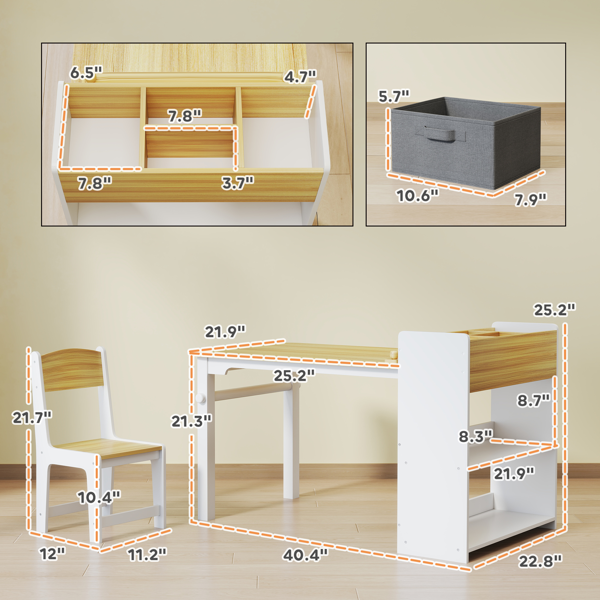 Kids Activity Table Set with 2 Chairs, Paper Roll, 4 Fabric Drawers & Storage Shelves, MDF/Pine Wood, 3-8 Years