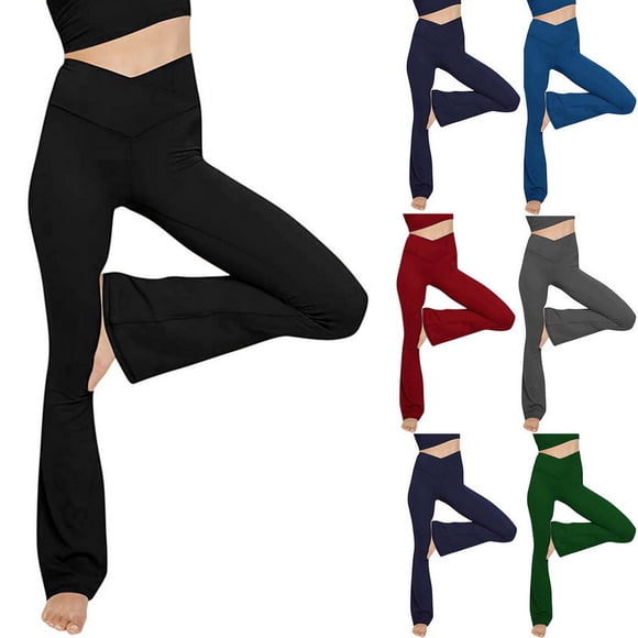 Pantalones de yoga acampanados con cintura cruzada para mujer, pantalones deportivos negros de pierna ancha elásticos con cintura alta y levantamiento de cadera para mujer