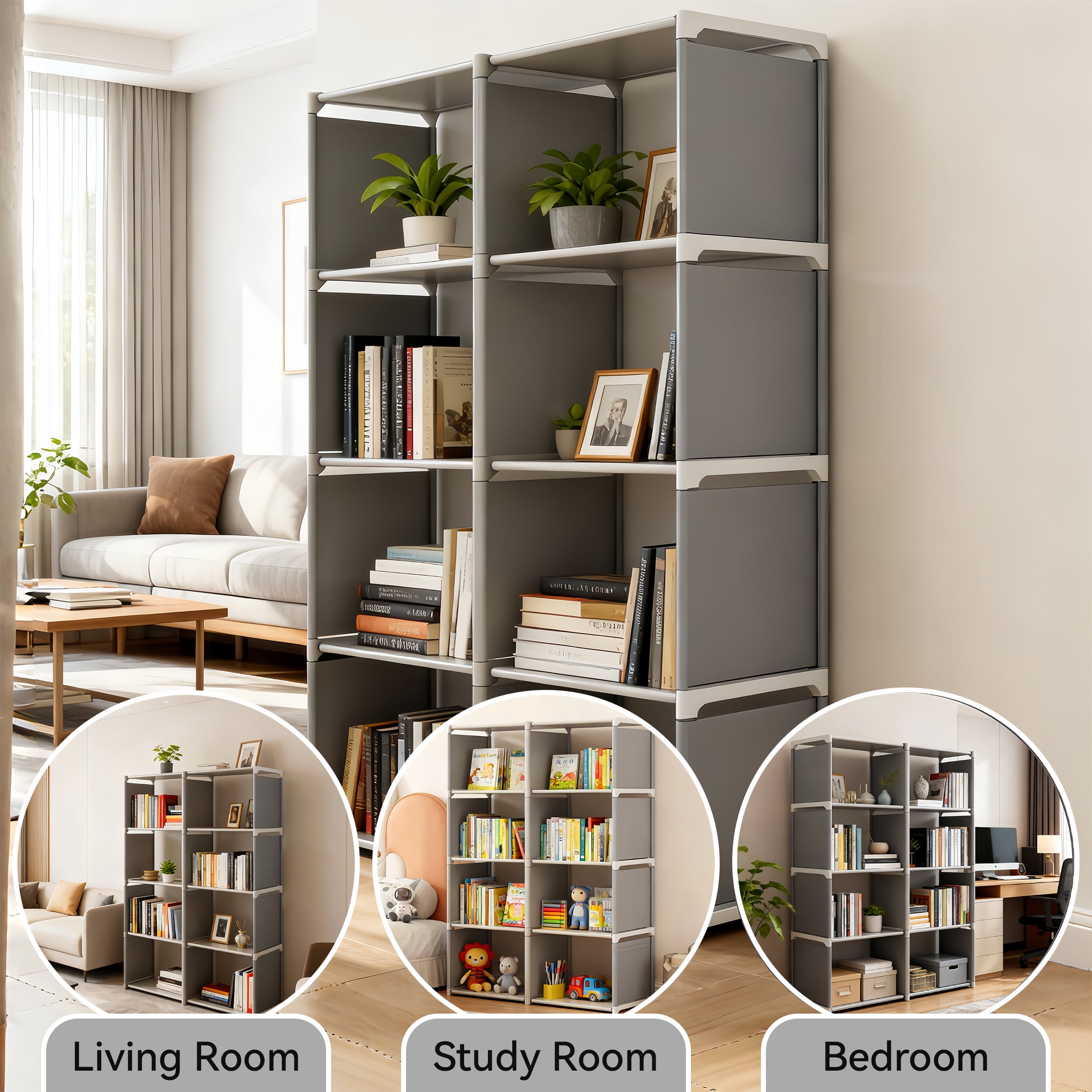 GARITIN Portable 8-Cube Bookshelf, Vertical Storage Organizer Bookcase, Portable Grid Shelf Bookshelves Book Shelf, Storage Shelves Unit for Living Room, Study Room, Bedroom