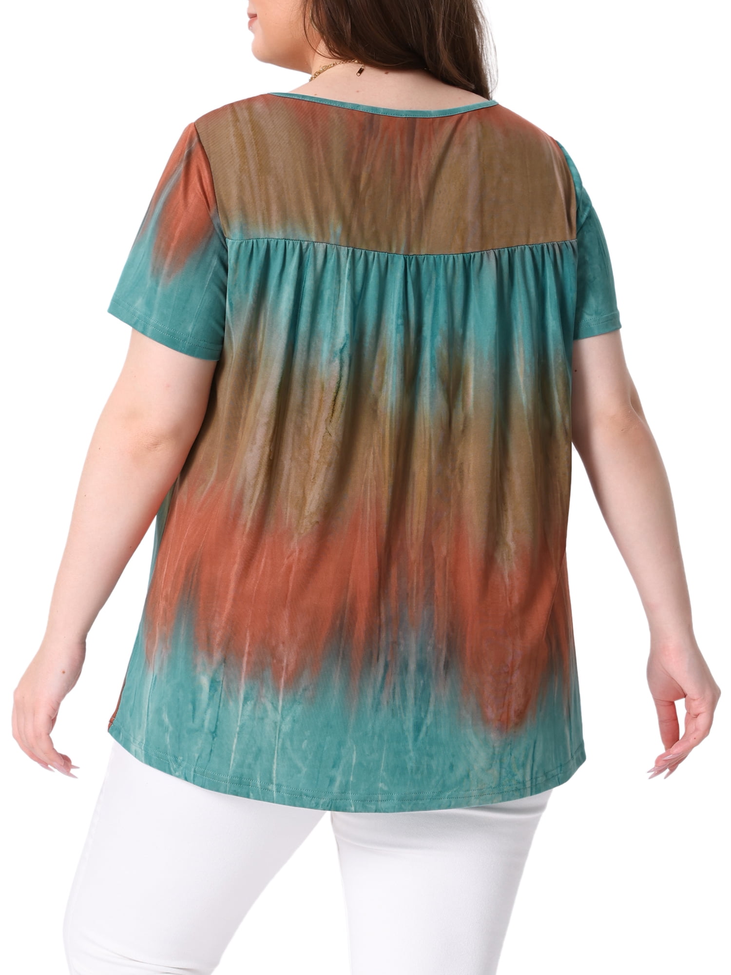 DARING DIVA Women's Plus Pleated Front Casual Blouse 1X Blue Brown