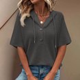 thumbnail image 4 of Women Short Sleeve Hooded Summer Top Waffle Knit Tee Shirts Drawstring Hoodies Button V Neck Blouse, 4 of 8